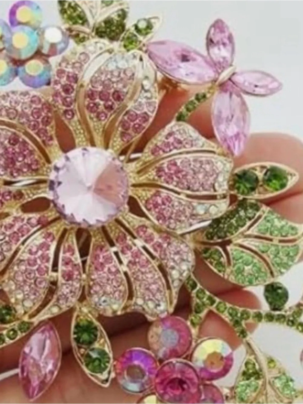 Gold-Tone Pink Crystal Floral Brooch - Elegant Statement Pin